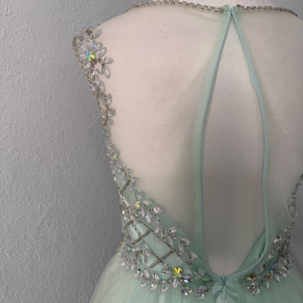 Clarisse Mint Beaded Homecoming Dress Size 2 Illusion Neck Rhinestone Fit Flare - Picture 9 of 14